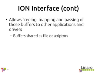 19
ION Interface (cont)
●
Allows freeing, mapping and passing of
those buffers to other applications and
drivers
– Buffers shared as file descriptors
 