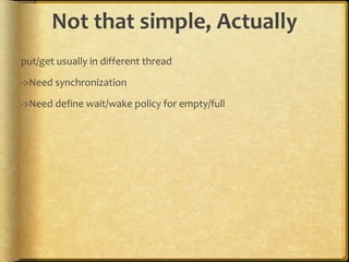Not that simple, Actually
put/get usually in different thread
->Need synchronization
->Need define wait/wake policy for empty/full
 