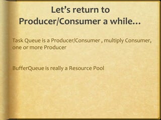 Let’s return to
Producer/Consumer a while…
Task Queue is a Producer/Consumer , multiply Consumer,
one or more Producer
BufferQueue is really a Resource Pool
 