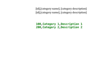 100,Category 1,Description 1
200,Category 2,Description 2
[id],[category	name],	[category	description]		
[id],[category	name],	[category	description]		
 
