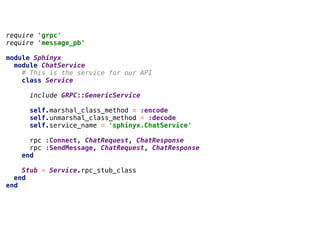require 'grpc'
require 'message_pb'
module Sphinyx
module ChatService
# This is the service for our API
class Service
include GRPC::GenericService
self.marshal_class_method = :encode
self.unmarshal_class_method = :decode
self.service_name = 'sphinyx.ChatService'
rpc :Connect, ChatRequest, ChatResponse
rpc :SendMessage, ChatRequest, ChatResponse
end
Stub = Service.rpc_stub_class
end
end
 