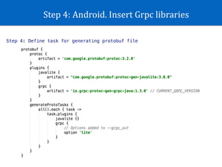 Step	4:	Android.	Insert	Grpc	libraries
Step 4: Define task for generating protobuf file
 