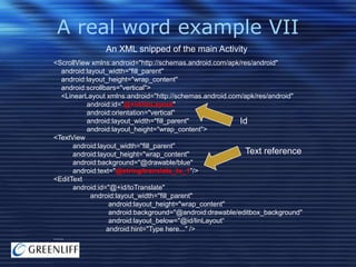 A real word example VII
An XML snipped of the main Activity
<ScrollView xmlns:android="http://schemas.android.com/apk/res/android"
android:layout_width="fill_parent"
android:layout_height="wrap_content"
android:scrollbars="vertical">
<LinearLayout xmlns:android="http://schemas.android.com/apk/res/android"
android:id="@+id/linLayout"
android:orientation="vertical"
android:layout_width="fill_parent"
android:layout_height="wrap_content">
<TextView
android:layout_width="fill_parent"
Text reference
android:layout_height="wrap_content"
android:background="@drawable/blue"
android:text="@string/translate_to_1"/>
<EditText
android:id="@+id/toTranslate"
android:layout_width="fill_parent"
android:layout_height="wrap_content"
android:background="@android:drawable/editbox_background"
android:layout_below="@id/linLayout“
android:hint="Type here..." />
.....

 