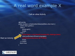 A real word example X
Call an other Activity

Start an Activity

@Override
public boolean onOptionsItemSelected(Menu.Item item) {
switch (item.getId()) {
case 0:
showLogin();
break;
case 1:
Intent intent = new Intent(Translate.this, Settings.class);
intent.putExtras(mShownLanguages);
startSubActivity(intent, SETTINGS);
break;
} // switch
return true;
}

 