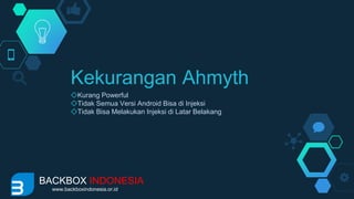 Kekurangan Ahmyth
◇Kurang Powerful
◇Tidak Semua Versi Android Bisa di Injeksi
◇Tidak Bisa Melakukan Injeksi di Latar Belakang
BACKBOX INDONESIA
www.backboxindonesia.or.id
 