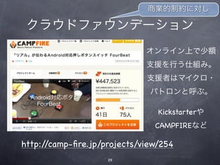 商業的制約に対し

 クラウドファウンデーション
                             オンライン上で少額
                             支援を行う仕組み。
                             支援者はマイクロ・
                              パトロンと呼ぶ。

                                Kickstarterや
                               CAMPFIREなど

http://camp-ﬁre.jp/projects/view/254
                    29
 