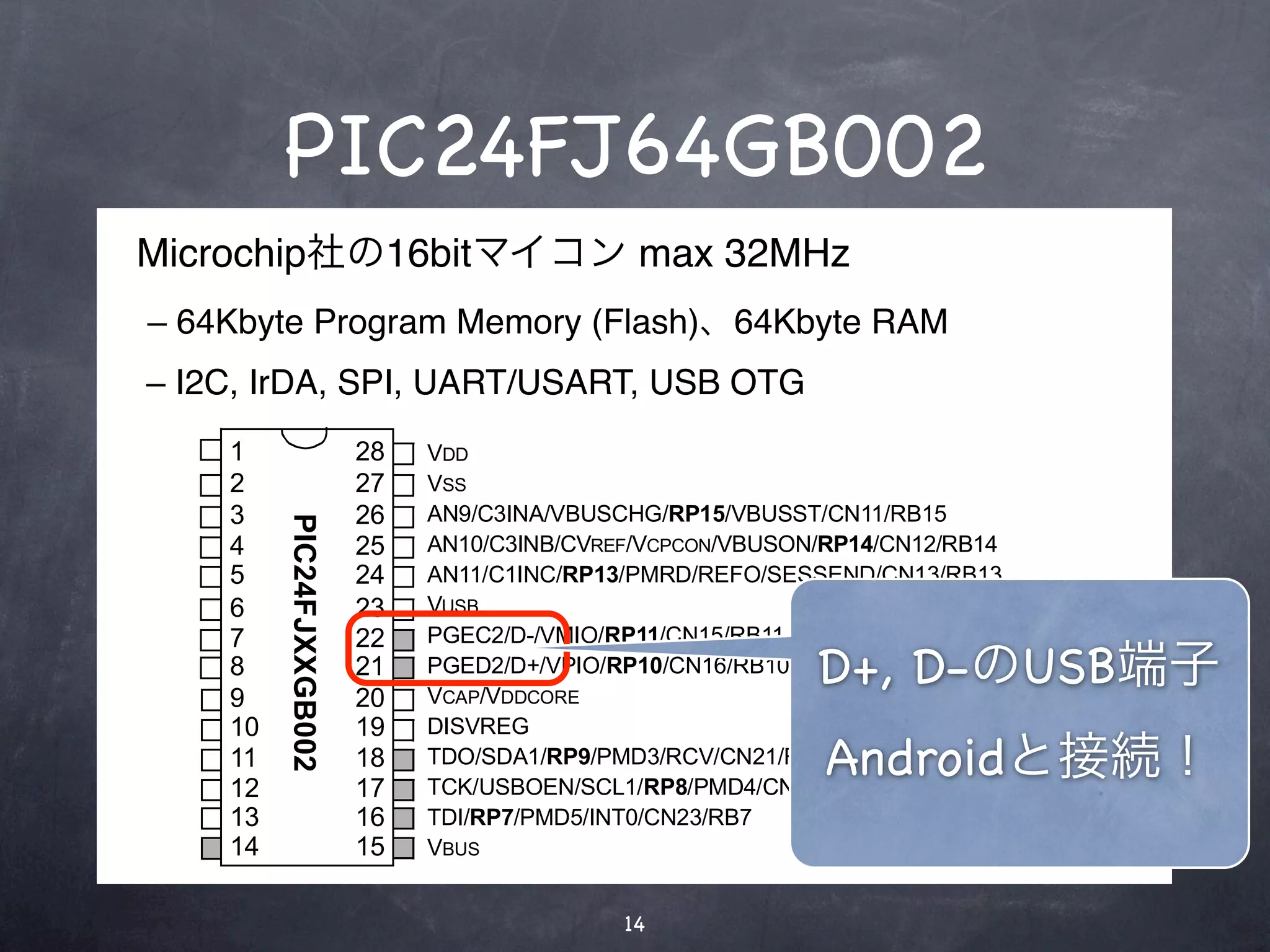 PIC24FJ64GB002
            Microchip社の16bitマイコン max 32MHz
             – 64Kbyte Program Memory (Flash)、64Kbyte RAM
            – I2C, IrDA, SPI, UART/USART, USB OTG
           MCLR    1                     28   VDD
 CMPST1/CN2/RA0    2                     27   VSS     テキスト
CMPST2/CN3/RA1     3                     26   AN9/C3INA/VBUSCHG/RP15/VBUSST/CN11/RB15
                        PIC24FJXXGB002




P0/PMD0/CN4/RB0    4                     25   AN10/C3INB/CVREF/VCPCON/VBUSON/RP14/CN12/RB14
P1/PMD1/CN5/RB1    5                     24   AN11/C1INC/RP13/PMRD/REFO/SESSEND/CN13/RB13
P2/PMD2/CN6/RB2    6                     23   VUSB
3/PMWR/CN7/RB3     7                     22   PGEC2/D-/VMIO/RP11/CN15/RB11
             VSS
PMCS1/CN30/RA2
                   8
                   9
                                         21
                                         20
                                              PGED2/D+/VPIO/RP10/CN16/RB10
                                              VCAP/VDDCORE
                                                                            D+, D-のUSB端子
O/PMA0/CN29/RA3    10                    19   DISVREG
  4/PMBE/CN1/RB4
  C/PMA1/CN0/RA4
                   11
                   12
                                         18
                                         17
                                              TDO/SDA1/RP9/PMD3/RCV/CN21/RB9 Androidと接続！
                                              TCK/USBOEN/SCL1/RP8/PMD4/CN22/RB8
             VDD   13                    16   TDI/RP7/PMD5/INT0/CN23/RB7
 /USBID/CN27/RB5   14                    15   VBUS


                                                             14
 