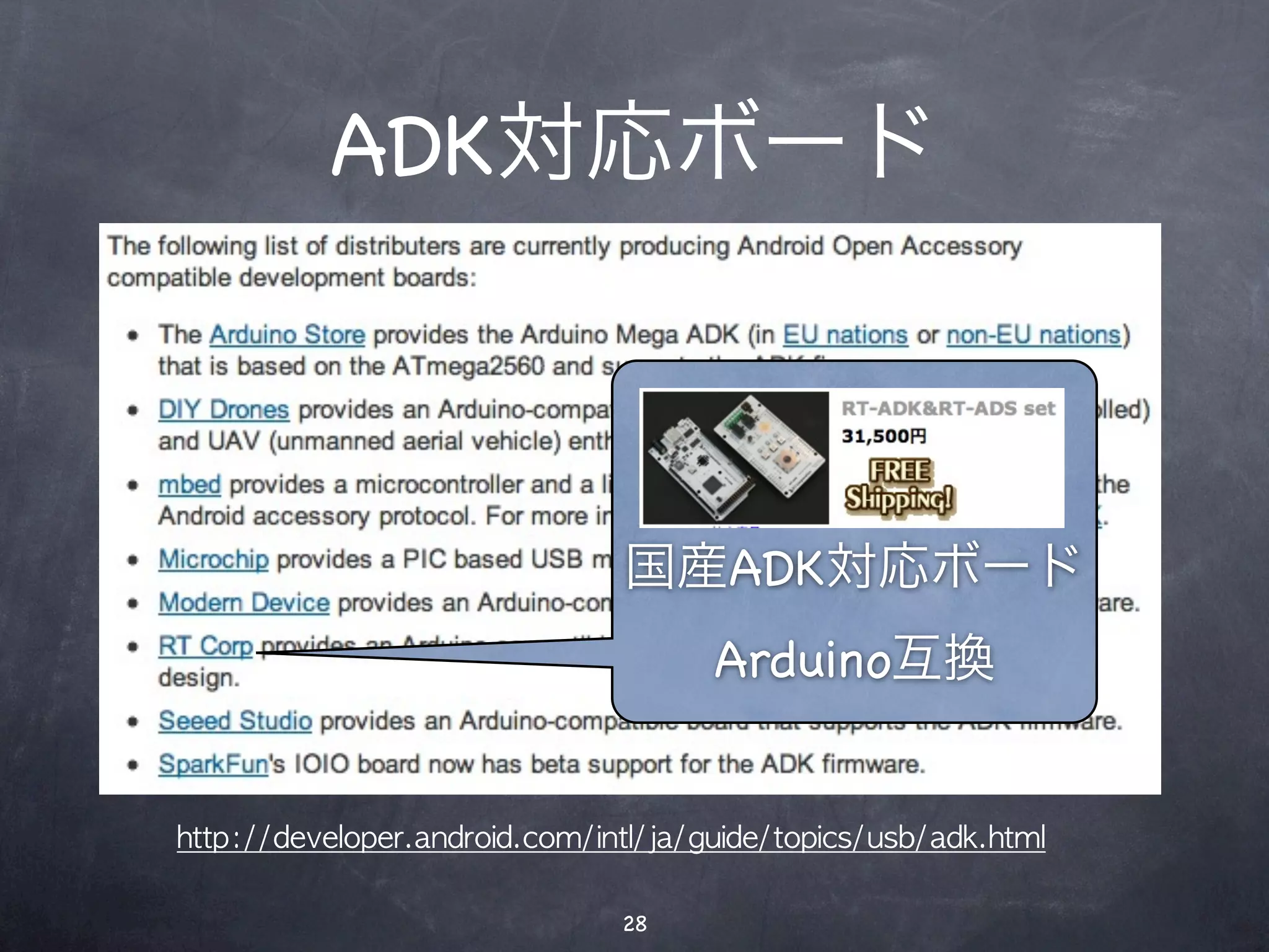 ADK対応ボード



                               国産ADK対応ボード
                                      Arduino互換


http://developer.android.com/intl/ja/guide/topics/usb/adk.html

                               28
 