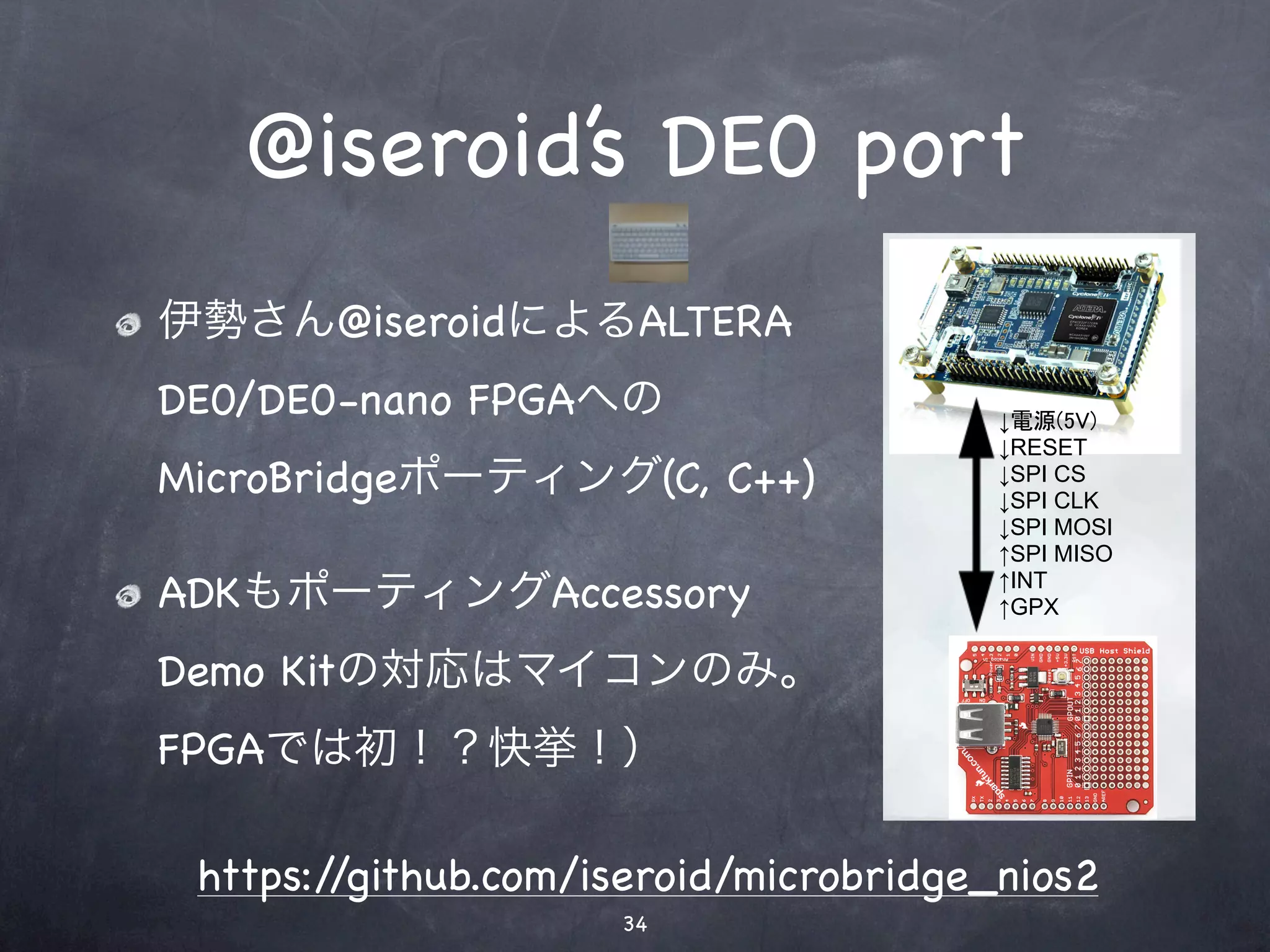 @iseroid’s DE0 port
伊勢さん@iseroidによるALTERA
DE0/DE0-nano FPGAへの
MicroBridgeポーティング(C, C++)

ADKもポーティングAccessory
Demo Kitの対応はマイコンのみ。
FPGAでは初！？快挙！）

 https://github.com/iseroid/microbridge_nios2
                     34
 