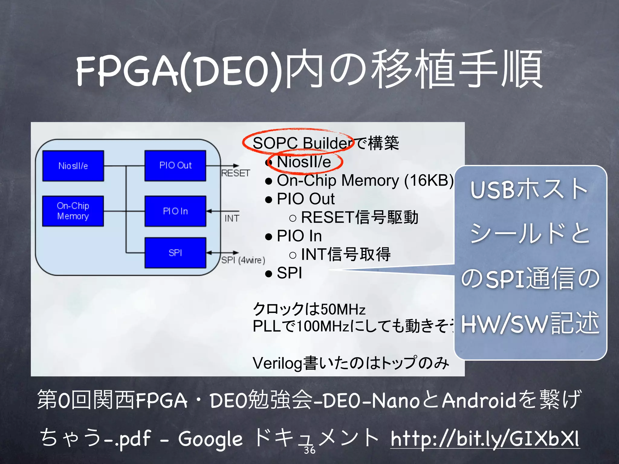 FPGA(DE0)内の移植手順

                                   USBホスト
                                   シールドと
                                  のSPI通信の
                                   HW/SW記述

第0回関西FPGA・DE0勉強会-DE0-NanoとAndroidを繋げ
ちゃう-.pdf - Google ドキュメント http:/
                    36
                               /bit.ly/GIXbXl
 