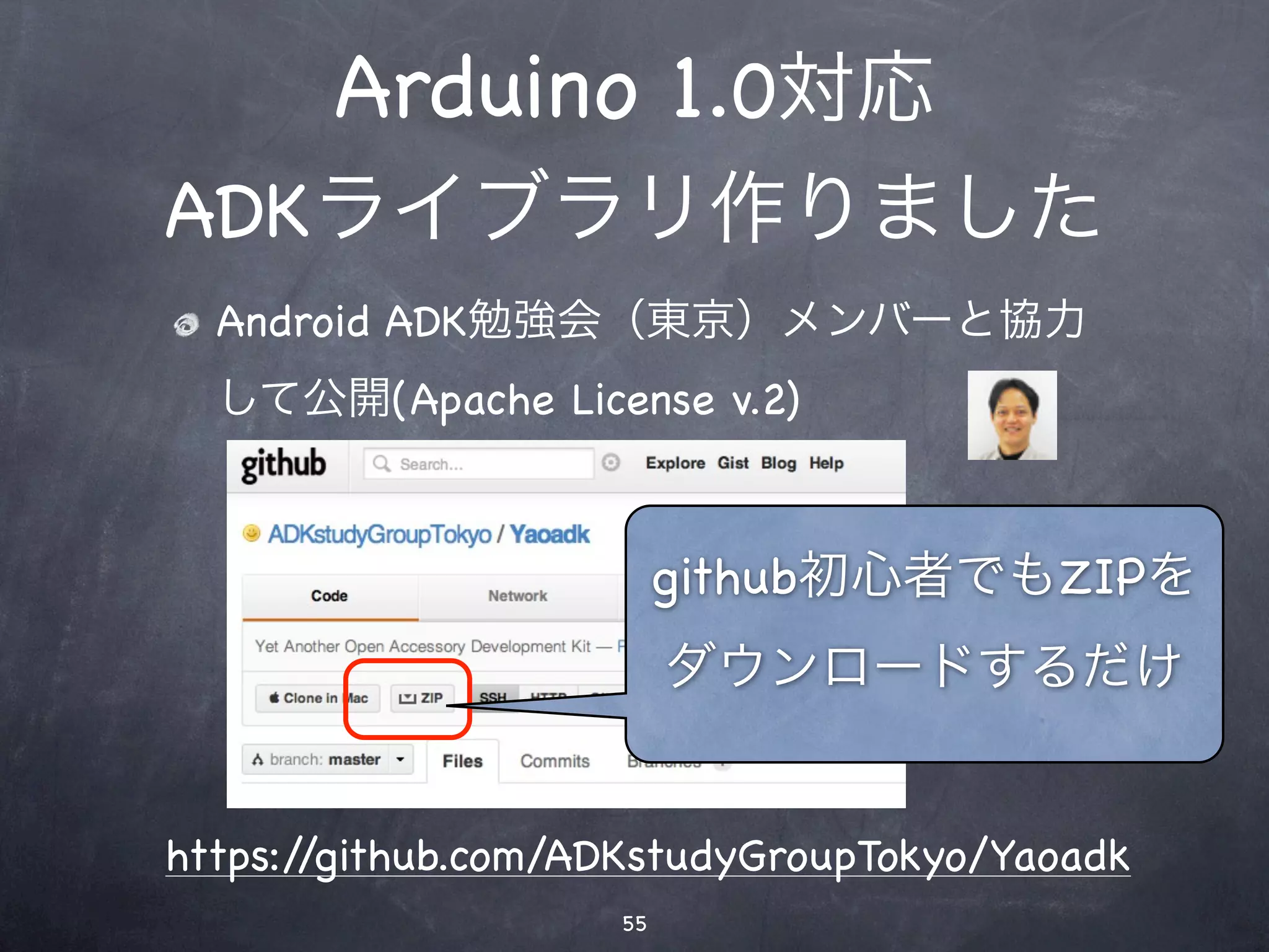 Arduino 1.0対応
ADKライブラリ作りました
  Android ADK勉強会（東京）メンバーと協力
  して公開(Apache License v.2)



                         github初心者でもZIPを
                         ダウンロードするだけ


https://github.com/ADKstudyGroupTokyo/Yaoadk
                    55
 