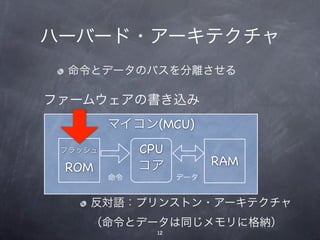 ハーバード・アーキテクチャ
 命令とデータのバスを分離させる

ファームウェアの書き込み
         マイコン(MCU)
 フラッシュ        CPU
 ROM          コア           RAM
         命令          データ


     反対語：プリンストン・アーキテクチャ
     （命令とデータは同じメモリに格納）
                12
 