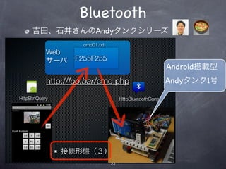 Bluetooth
Webサーバを介した命令送受信
   吉田、石井さんのAndyタンクシリーズ
                     cmd01.txt
            Web
            サーバ    F255F255
                                                             Android搭載型
            http://foo.bar/cmd.php                           Andyタンク1号

 HttpBtnQuery                         HttpBluetoothControl




                接続形態（３）
                                 22
 