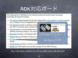 ADK対応ボード



                               国産ADK対応ボード
                                      Arduino互換


http://developer.android.com/intl/ja/guide/topics/usb/adk.html

                               28
 