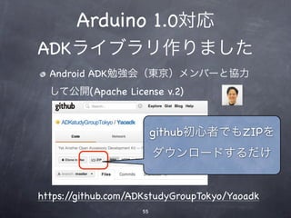 Arduino 1.0対応
ADKライブラリ作りました
  Android ADK勉強会（東京）メンバーと協力
  して公開(Apache License v.2)



                         github初心者でもZIPを
                         ダウンロードするだけ


https://github.com/ADKstudyGroupTokyo/Yaoadk
                    55
 