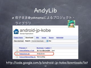 AndyLib
     夜子まま@yokmamaによるプロジェクト・
     ライブラリ




http://code.google.com/p/android-jp-kobe/downloads/list
                         62
 