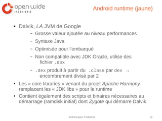 13Android pour l’industrie
Android runtime (jaune)
● Dalvik, LA JVM de Google
– Grosse valeur ajoutée au niveau performances
– Syntaxe Java
– Optimisée pour l'embarqué
– Non compatible avec JDK Oracle, utilise des
fichier .dex
– .dex produit à partir du .class par dex →
encombrement divisé par 2
● Les « core libraries » venant du projet Apache Harmony
remplacent les « JDK libs » pour le runtime
● Contient également des scripts et binaires nécessaires au
démarrage (ramdisk initial) dont Zygote qui démarre Dalvik
 