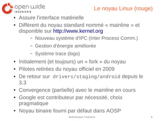 9Android pour l’industrie
Le noyau Linux (rouge)
● Assure l'interface matérielle
● Différent du noyau standard nommé « mainline » et
disponible sur http://www.kernel.org
– Nouveau système d'IPC (Inter Process Comm.)
– Gestion d'énergie améliorée
– Système trace (logs)
● Initialement (et toujours) un « fork » du noyau
● Pilotes retirées du noyau officiel en 2009
● De retour sur drivers/staging/android depuis le
3.3
● Convergence (partielle) avec le mainline en cours
● Google est contributeur par nécessité, choix
pragmatique
● Noyau binaire fourni par défaut dans AOSP
 