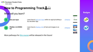 What will you learn?
6
5 Get user input
Display a scrollable
list
(3 hours)
(3 hours)Learn how to get user input within an app by building a
tip calculator app.
Learn how to display a list of text and images in an
app.
Badges
More pathways for this course will be released in the future!
New to Programming Track👨💻
 