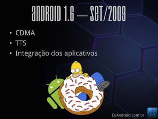 Android 1.6 – Set/2009
• CDMA
• TTS
• Integração dos aplicativos




                               EuAndroid.com.br
 