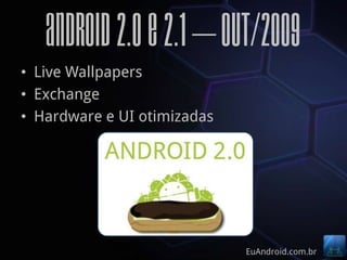 Android 2.0 e 2.1 – Out/2009
• Live Wallpapers
• Exchange
• Hardware e UI otimizadas




                             EuAndroid.com.br
 