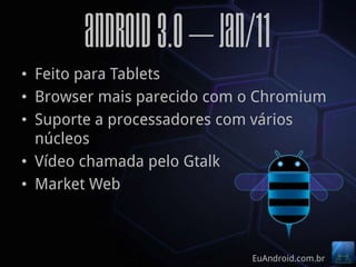 Android 3.0 – Jan/11
• Feito para Tablets
• Browser mais parecido com o Chromium
• Suporte a processadores com vários
  núcleos
• Vídeo chamada pelo Gtalk
• Market Web



                            EuAndroid.com.br
 