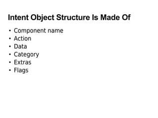 Intent Object Structure Is Made Of
• Component name
• Action
• Data
• Category
• Extras
• Flags
 
