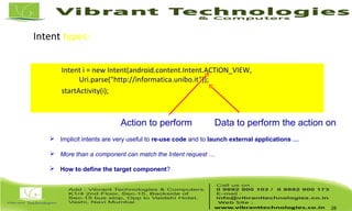Intent types: Implicit Intents
Intent i = new Intent(android.content.Intent.ACTION_VIEW,
Uri.parse("http://informatica.unibo.it"));
startActivity(i);
28
Action to perform Data to perform the action on
 Implicit intents are very useful to re-use code and to launch external applications …
 More than a component can match the Intent request …
 How to define the target component?
 