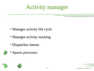Activity manager



    Manages activity life cycle

    Manages activity stacking

    Dispatches intents

    Spawn processes



                           10     Egor Elizarov SPbSU 2012
 