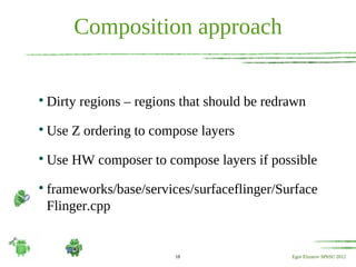 Composition approach


    Dirty regions – regions that should be redrawn

    Use Z ordering to compose layers

    Use HW composer to compose layers if possible

    frameworks/base/services/surfaceflinger/Surface
    Flinger.cpp


                          18                   Egor Elizarov SPbSU 2012
 