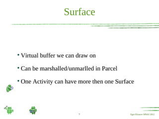 Surface



    Virtual buffer we can draw on

    Can be marshalled/unmarlled in Parcel

    One Activity can have more then one Surface




                          7                  Egor Elizarov SPbSU 2012
 