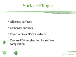 Surface Flinger


    Allocates surfaces

    Composes surfaces

    Can combines 2D/3D surfaces

    Can use HW acceleration for surface
    composition


                          8               Egor Elizarov SPbSU 2012
 