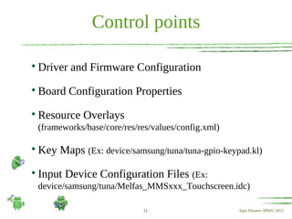 Control points


    Driver and Firmware Configuration

    Board Configuration Properties

    Resource Overlays
    (frameworks/base/core/res/res/values/config.xml)


    Key Maps (Ex: device/samsung/tuna/tuna-gpio-keypad.kl)

    Input Device Configuration Files (Ex:
    device/samsung/tuna/Melfas_MMSxxx_Touchscreen.idc)

                               11                      Egor Elizarov SPbSU 2012
 