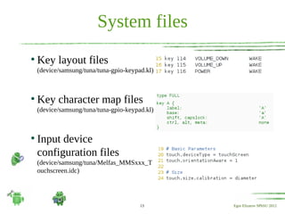 System files
●
    Key layout files
    (device/samsung/tuna/tuna-gpio-keypad.kl)



●
    Key character map files
    (device/samsung/tuna/tuna-gpio-keypad.kl)



●
    Input device
    configuration files
    (device/samsung/tuna/Melfas_MMSxxx_T
    ouchscreen.idc)




                                        13      Egor Elizarov SPbSU 2012
 