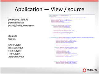 Application — View / source
@+id/some_field_id
@drawable/icon
@string/some_translation



dip units
layouts

LinearLayout
RelativeLayout
FrameLayout
TableLayout
AbsoluteLayout
 