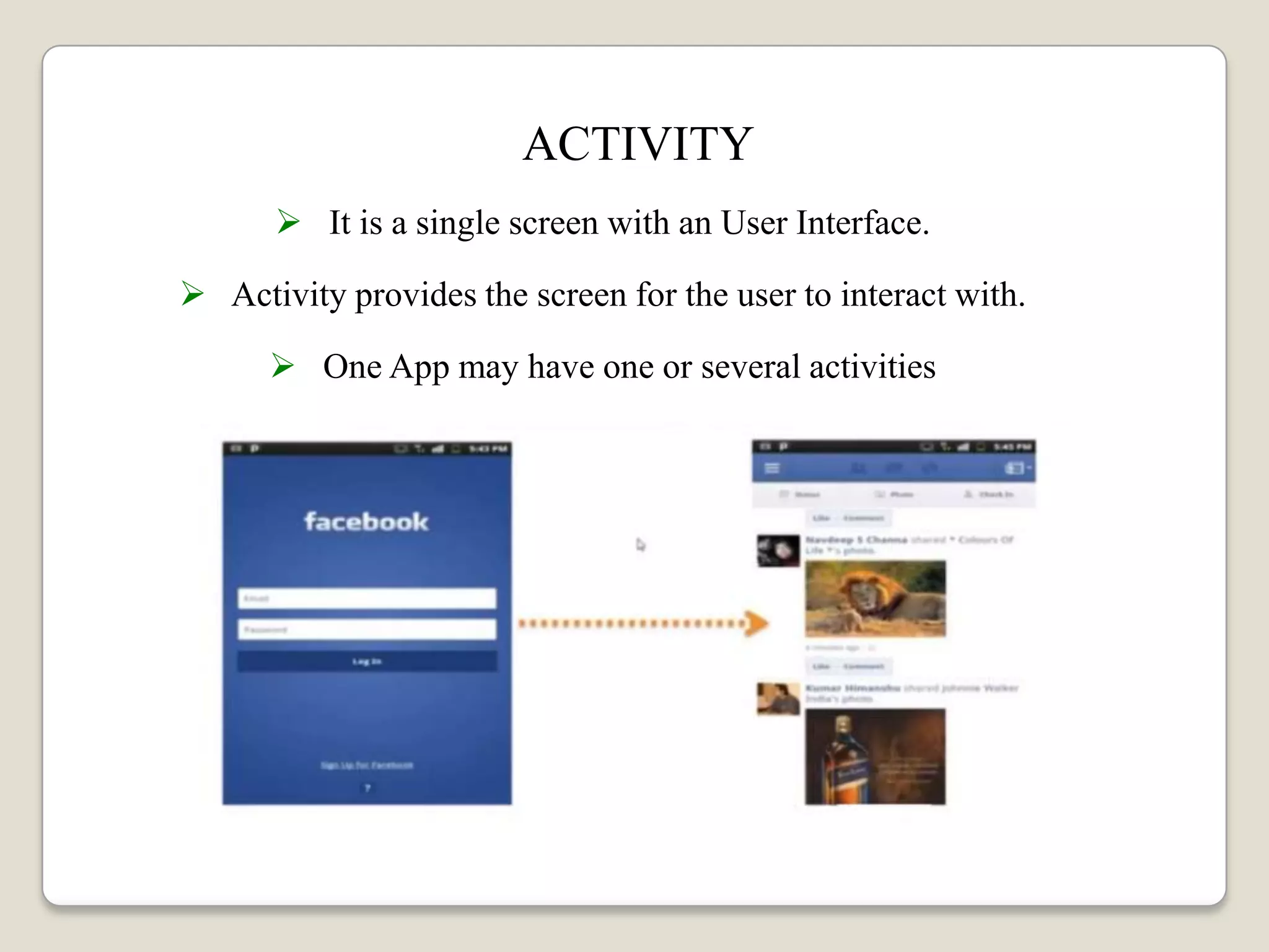 ACTIVITY
 It is a single screen with an User Interface.
 Activity provides the screen for the user to interact with.
 One App may have one or several activities
 
