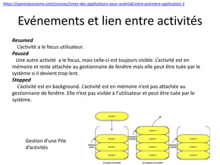 Resumed
L’activité a le focus utilisateur.
Paused
Une autre activité a le focus, mais celle-ci est toujours visible. L’activité est en
mémoire et reste attachée au gestionnaire de fenêtre mais elle peut être tuée par le
système si il devient trop lent.
Stopped
L’activité est en background. L’activité est en mémoire n’est pas attachée au
gestionnaire de fenêtre. Elle n’est pas visible à l’utilisateur et peut être tuée par le
système.
Evénements et lien entre activités
Gestion d’une Pile
d’activités
https://openclassrooms.com/courses/creez-des-applications-pour-android/votre-premiere-application-1
 