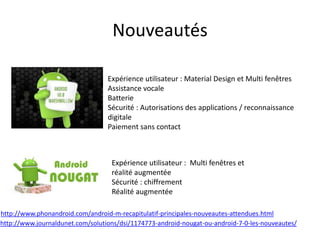 Expérience utilisateur : Material Design et Multi fenêtres
Assistance vocale
Batterie
Sécurité : Autorisations des applications / reconnaissance
digitale
Paiement sans contact
Expérience utilisateur : Multi fenêtres et
réalité augmentée
Sécurité : chiffrement
Réalité augmentée
http://www.journaldunet.com/solutions/dsi/1174773-android-nougat-ou-android-7-0-les-nouveautes/
http://www.phonandroid.com/android-m-recapitulatif-principales-nouveautes-attendues.html
Nouveautés
 