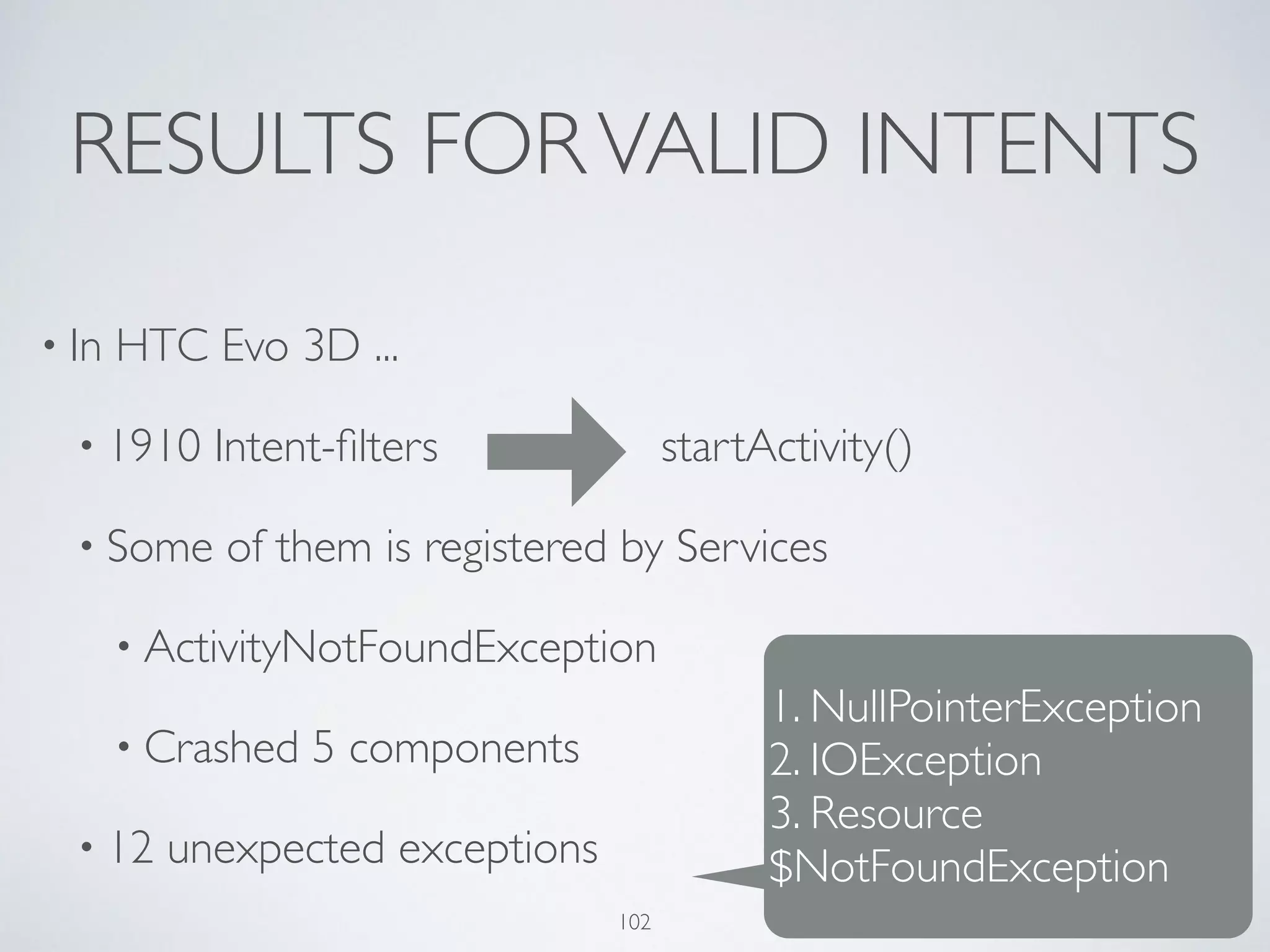 RESULTS FORVALID INTENTS
• In HTC Evo 3D ...	

• 1910 Intent-ﬁlters startActivity() 	

• Some of them is registered by Services	

• ActivityNotFoundException	

• Crashed 5 components	

• 12 unexpected exceptions
1. NullPointerException	

2. IOException	

3. Resource
$NotFoundException
102
 