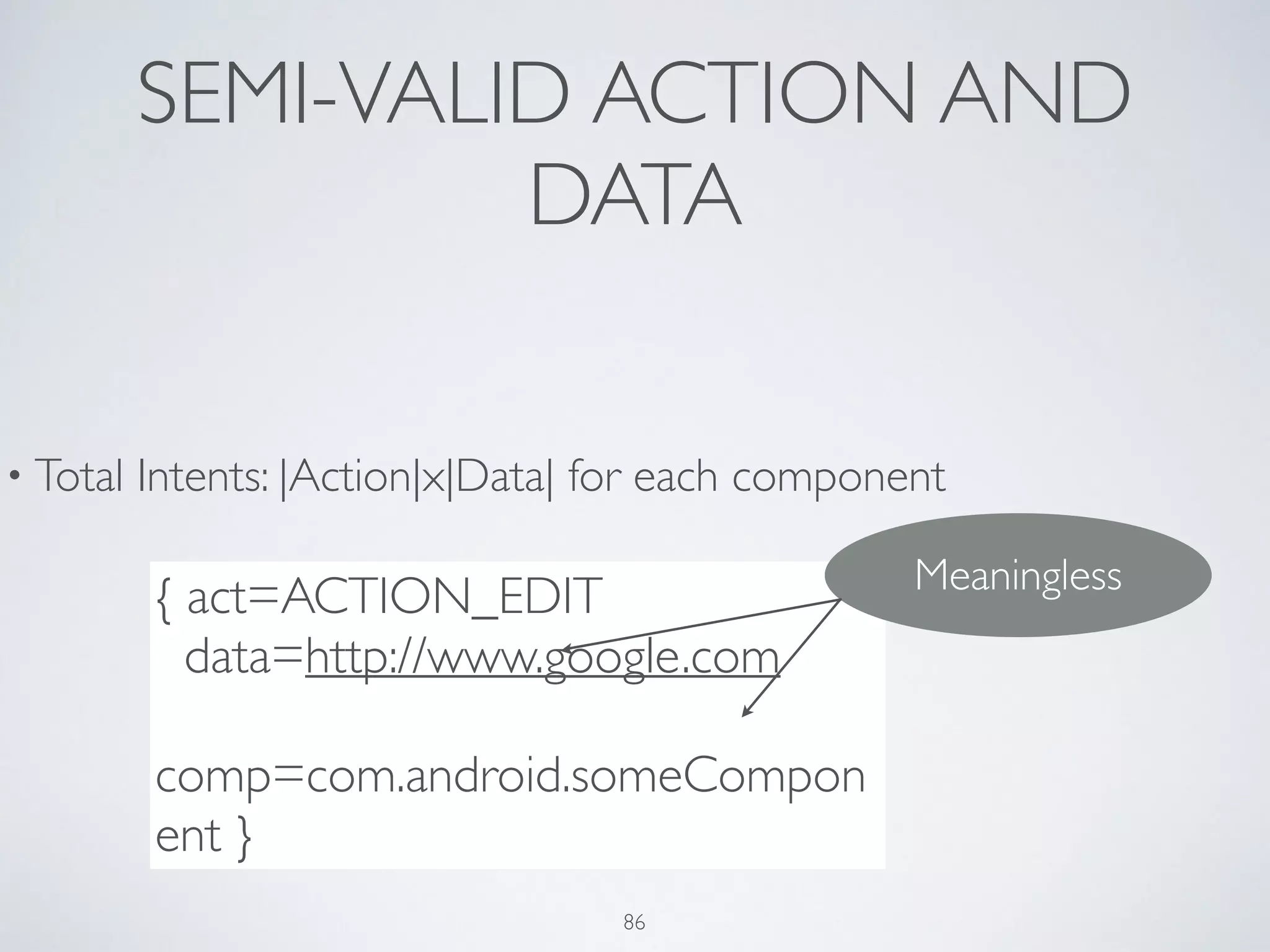 SEMI-VALID ACTION AND
DATA
• Total Intents: |Action|x|Data| for each component	

!
{ act=ACTION_EDIT 	

data=http://www.google.com	

comp=com.android.someCompon
ent }
Meaningless
86
 