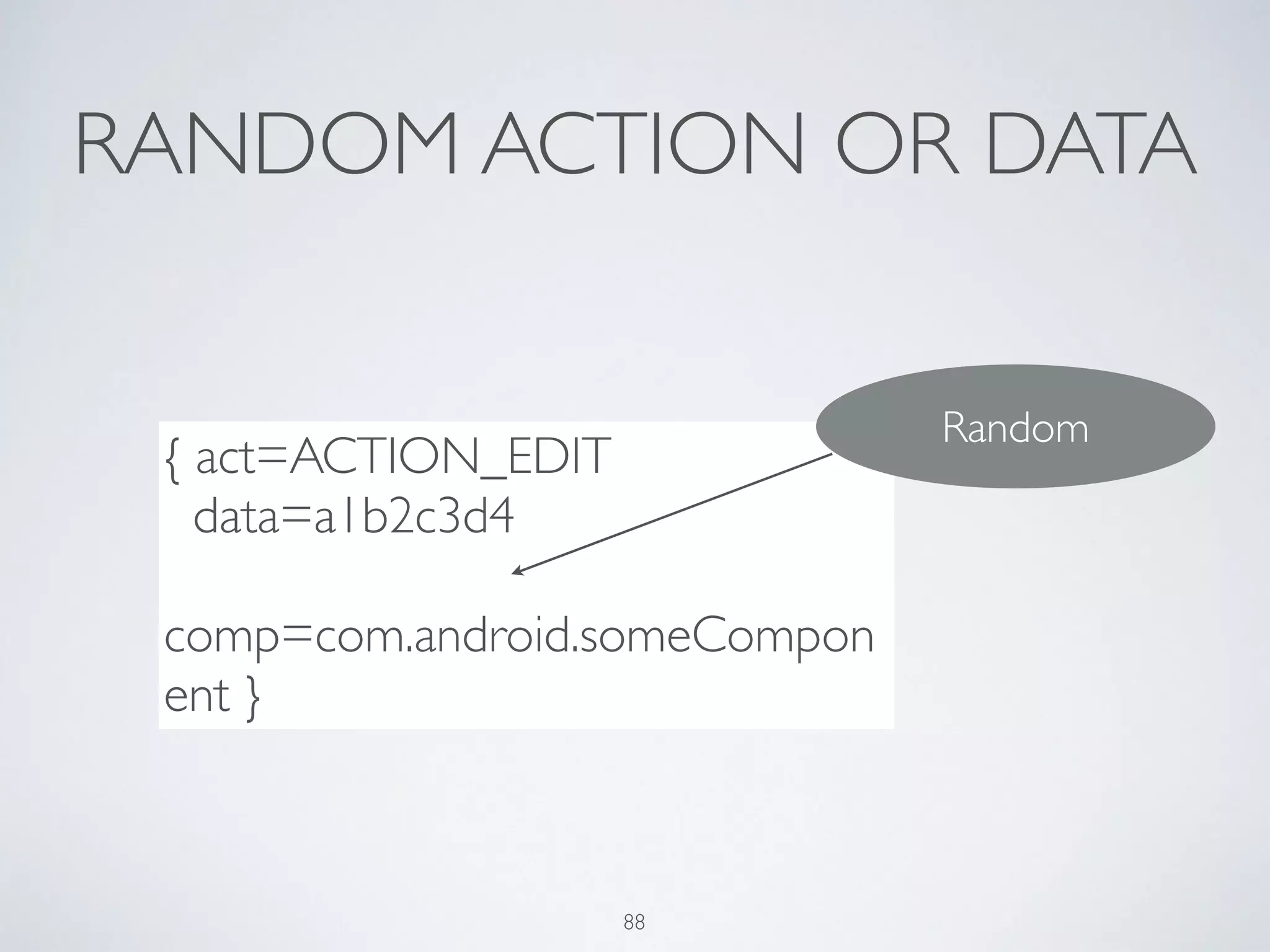 RANDOM ACTION OR DATA
{ act=ACTION_EDIT	

data=a1b2c3d4	

comp=com.android.someCompon
ent }
Random
88
 
