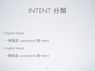 INTENT 分類
• Explicit Intent	

• 有指定 component 的 Intent	

• Implicit Intent	

• 無指定 component 的 Intent
15
 