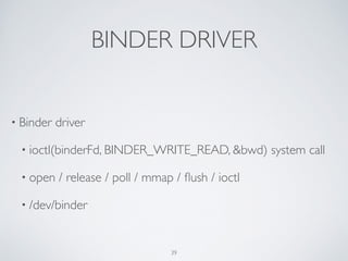 BINDER DRIVER
• Binder driver	

• ioctl(binderFd, BINDER_WRITE_READ, &bwd) system call	

• open / release / poll / mmap / ﬂush / ioctl	

• /dev/binder
39
 