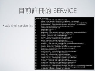 ⺫⽬目前註冊的 SERVICE
• adb shell service list
69
 