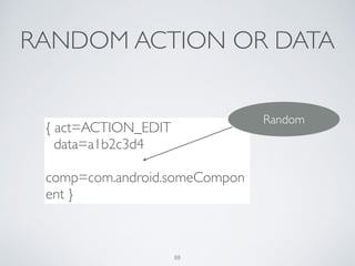 RANDOM ACTION OR DATA
{ act=ACTION_EDIT	

data=a1b2c3d4	

comp=com.android.someCompon
ent }
Random
88
 