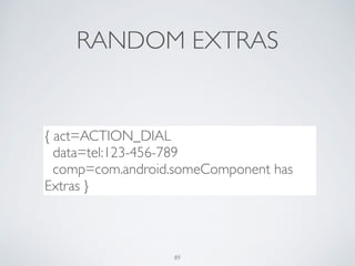 RANDOM EXTRAS
{ act=ACTION_DIAL	

data=tel:123-456-789	

comp=com.android.someComponent has
Extras }
89
 