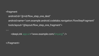 <fragment
android:id="@+id/flow_step_one_dest"
android:name="com.example.android.codelabs.navigation.FlowStepFragment"
tools:layout="@layout/flow_step_one_fragment">
…..
<deepLink app:uri="www.example.com/{myarg}" />
</fragment>
 