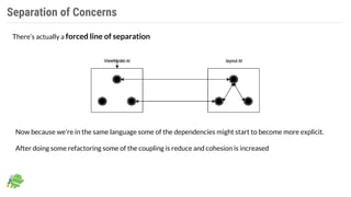 Separation of Concerns
Now because we’re in the same language some of the dependencies might start to become more explicit.
After doing some refactoring some of the coupling is reduce and cohesion is increased
There’s actually a forced line of separation
 