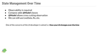 State Management Over Time
● Observability is required
● Compose adds @Model classes
● @Model allows cross-cutting observation
● We can still use LiveData, Rx, etc.
One of the concerns of the UI developer is solved i.e How your UI changes over the time
 