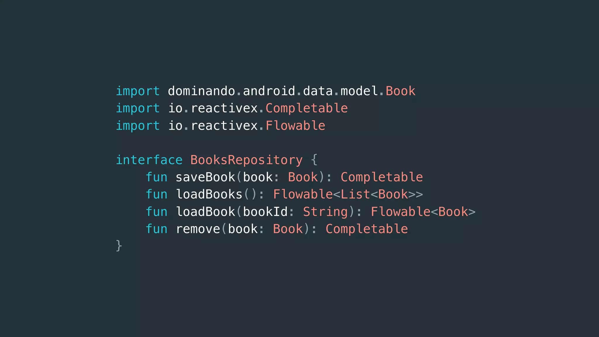 import dominando.android.data.model.Book
import io.reactivex.Completable
import io.reactivex.Flowable
interface BooksRepository {
fun saveBook(book: Book): Completable
fun loadBooks(): Flowable<List<Book>>
fun loadBook(bookId: String): Flowable<Book>
fun remove(book: Book): Completable
}
 